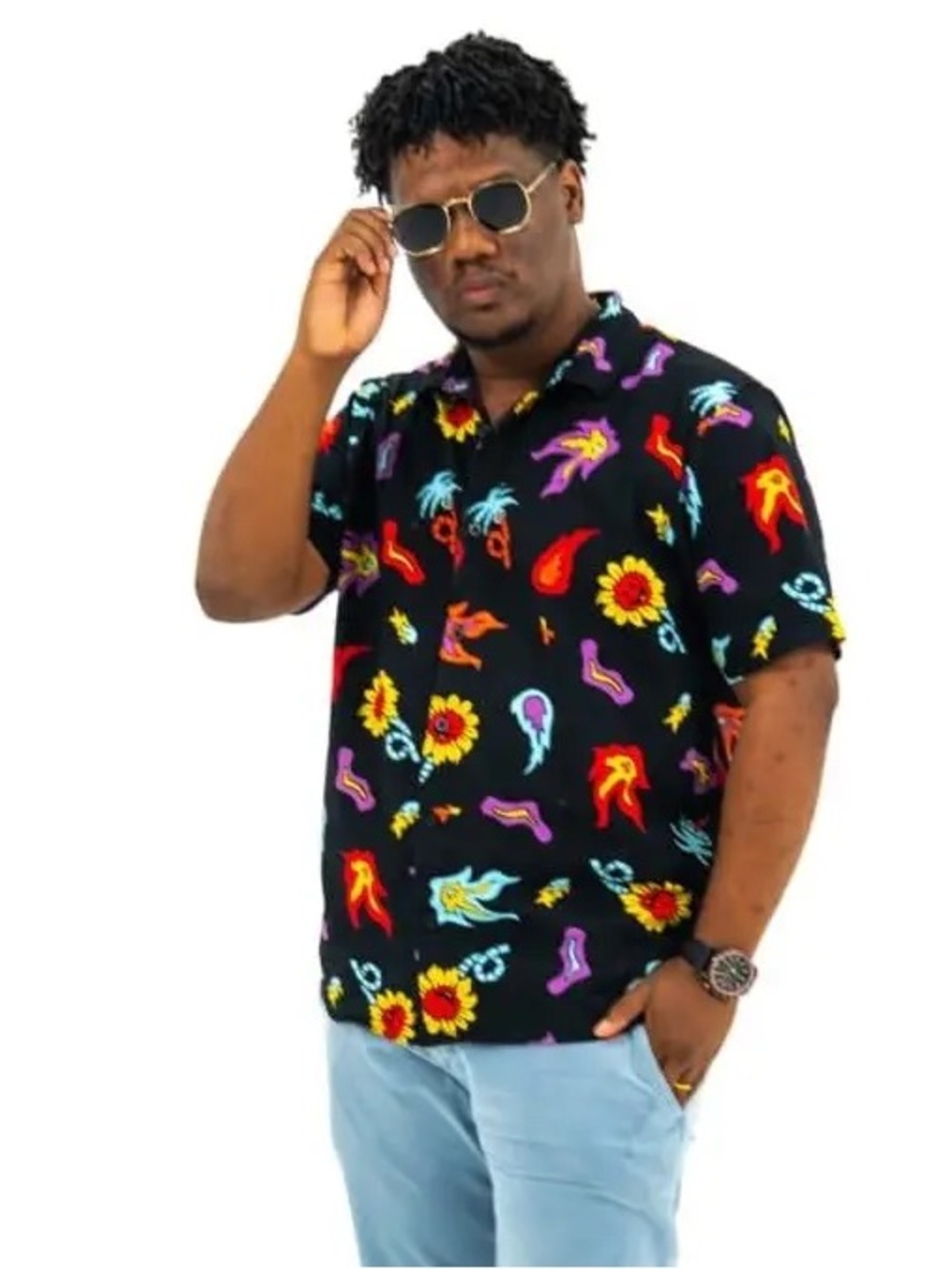 NEFF men’s fireball and daisy all over print button front shirt size medium